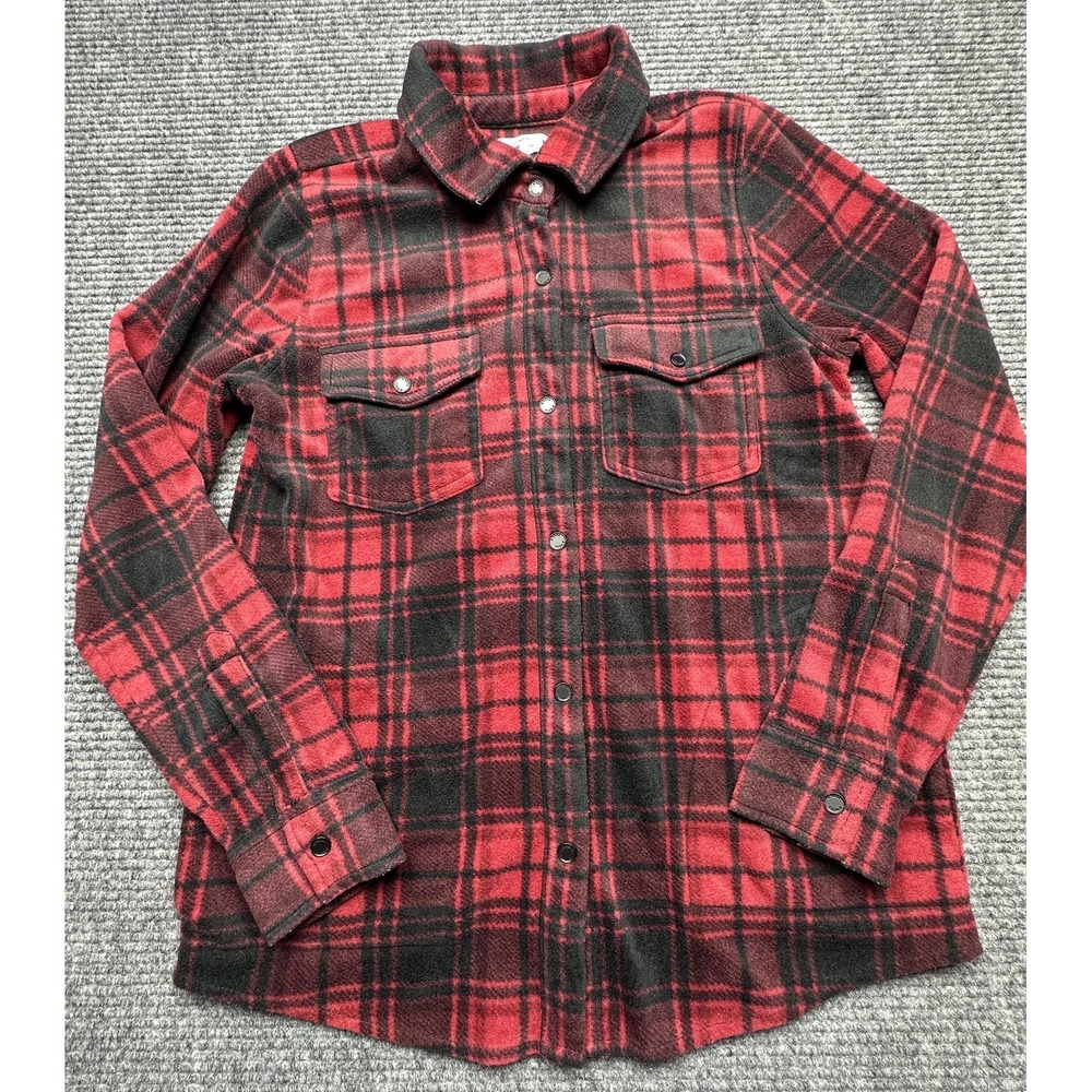 O'Neill Jacket Womens Medium Red Black Plaid Fleece Snap Front Shacket Pockets